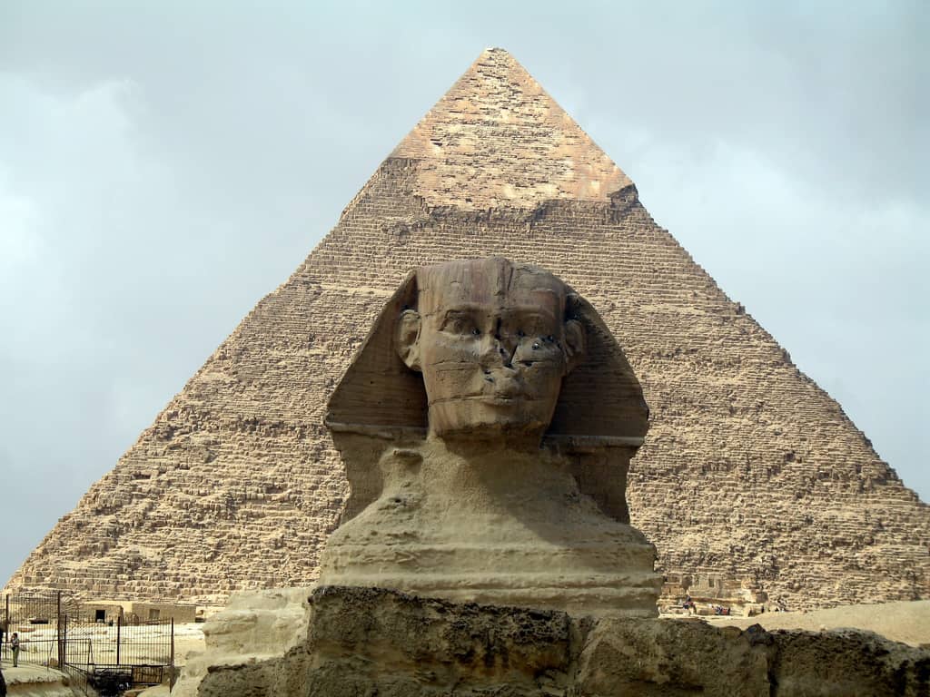 Egyptian pyramid with statue close up