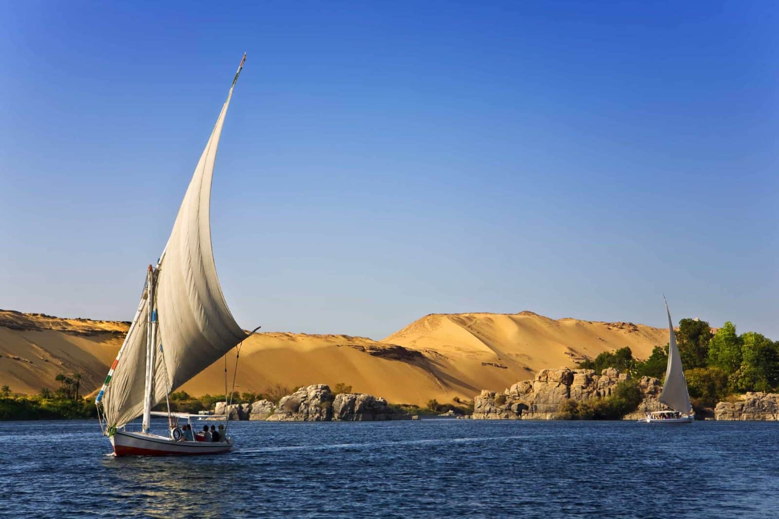 Sailboats on the River Nile with sandy dunes and a clear blue sky in the background.