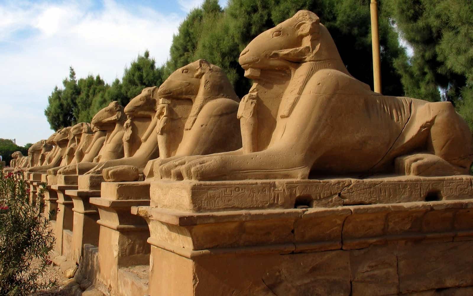 Discover Luxors history with ancient sphinx statues amid a lush garden setting.