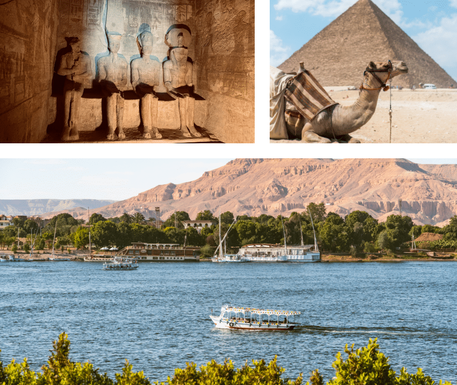 Collage: Egyptian statues, pyramid with camel, boats on the Nile River, and financial protection.