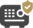 Icon of a safe with keypad, shield, and check mark for Midcounties Co-op Travel members.