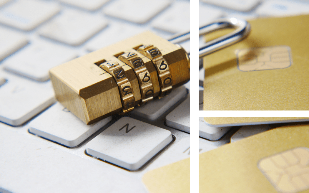 Combination lock and credit cards on a keyboard, essential for Midcounties Co-op members.