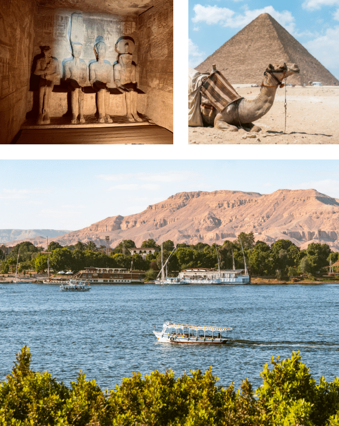 Ancient statues, a camel by a pyramid, boats on the river—classic scenes of holiday memories.