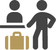 Person at counter with luggage icon, member of Midcounties Co-op Travel consortium.