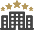 Icon of a building with stars, symbolizing a classic five-star hotel or travel service.