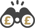 Binoculars with pound symbols, focusing on profits like a Midcounties Co-op member.