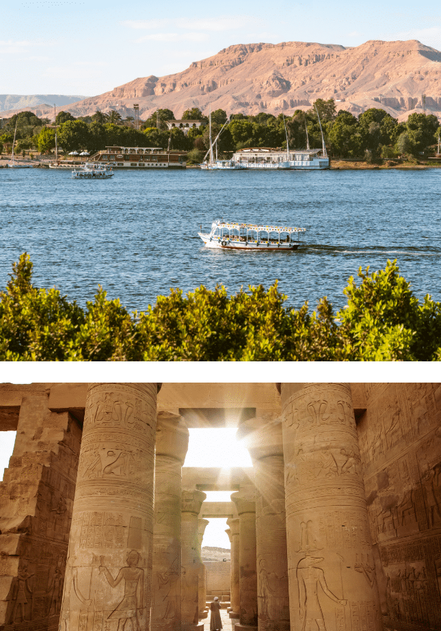 Nile River boats sail by ancient columns; sunlight and hills reveal Egypts timeless allure.