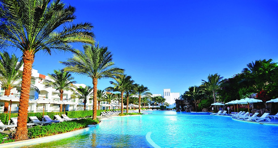 Baron Palms Resort pool with palm trees and lounge chairs under a clear blue sky.