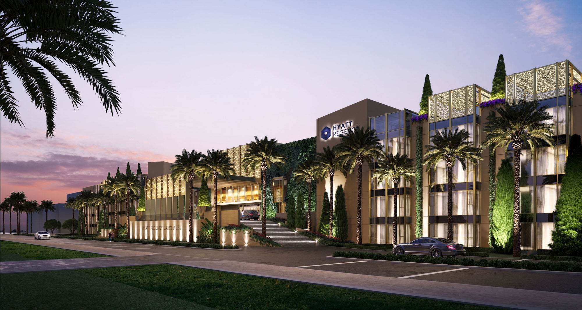 Hyatt Regency Cairo West: Modern hotel with palm trees and evening lighting.