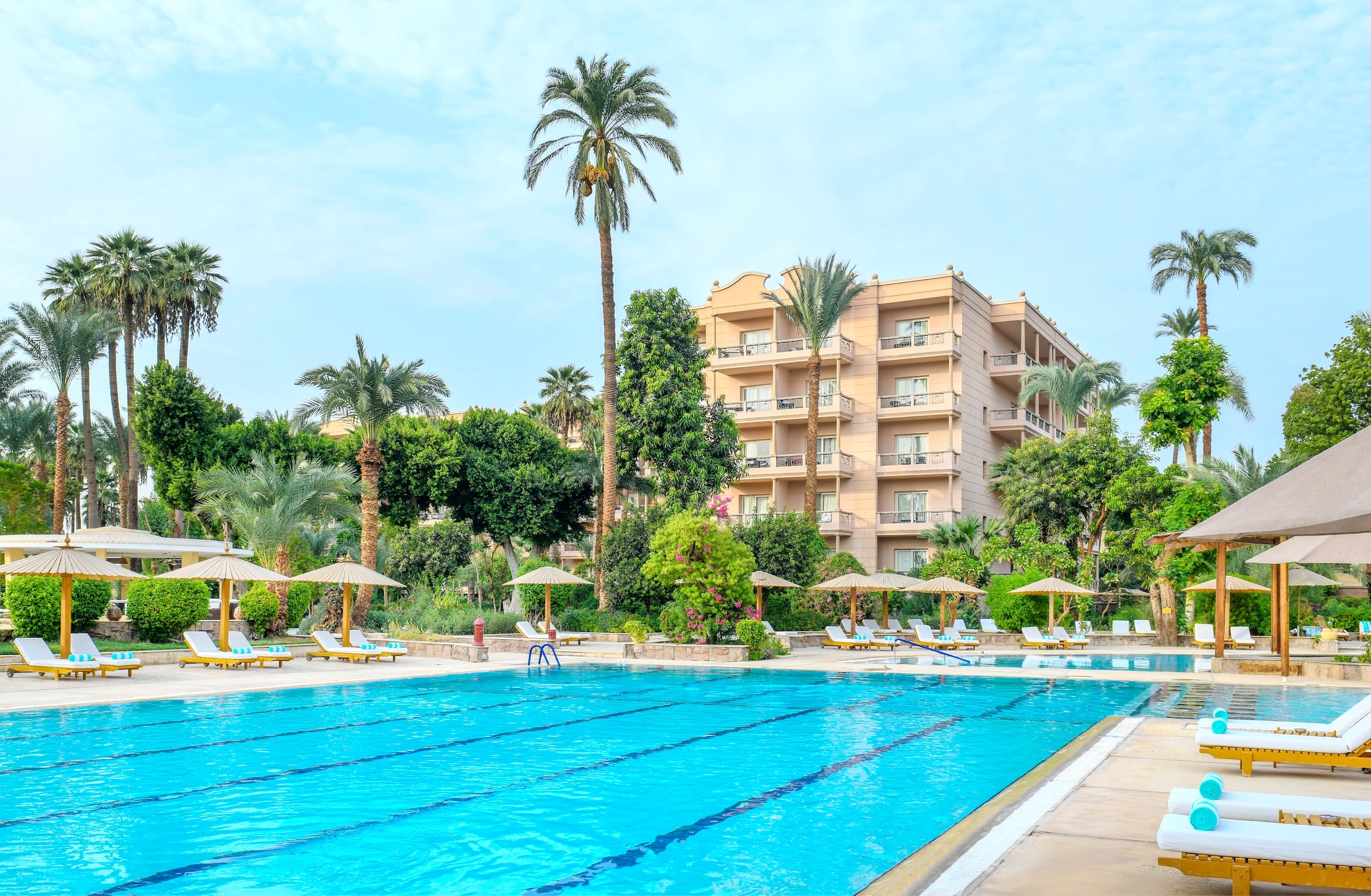 Pavillon Winter Luxor: a serene outdoor pool area with lounge chairs, umbrellas, and palm trees.