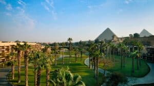 Lush garden at Marriott Mena House with palm trees and pyramids under a clear sky.