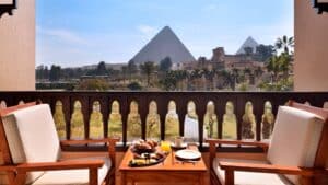 Breakfast on a Marriott Mena House balcony overlooking the pyramids in the distance.