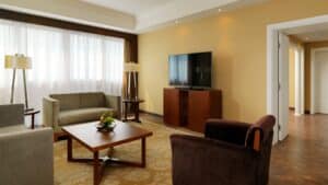 Sheraton Cairo Hotel room with seating, TV, lamps, and a window with sheer curtains.