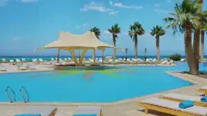 Hilton Hurghada: Outdoor pool with lounge chairs, palm trees, ocean view, and a shade structure.