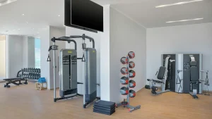 Modern gym at Hilton Hurghada with exercise machines, free weights, and a TV.