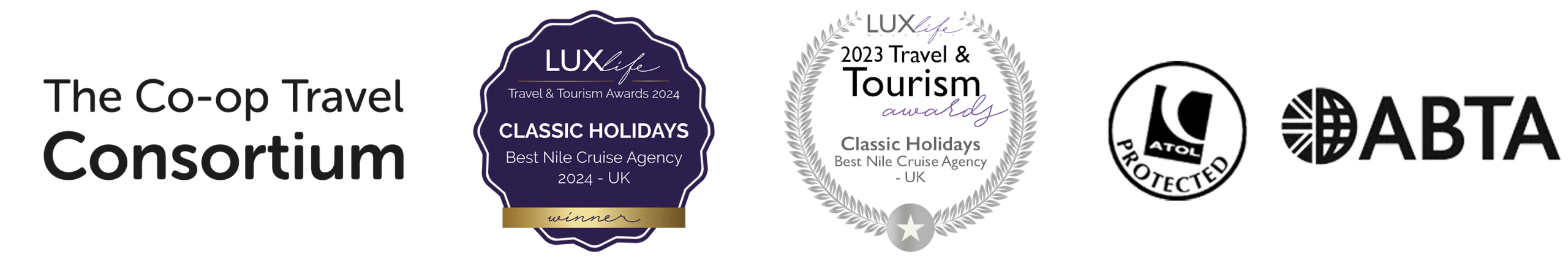 Logos for Co-op Travel Consortium, Lux Life, Atol, and ABTA with award badge.