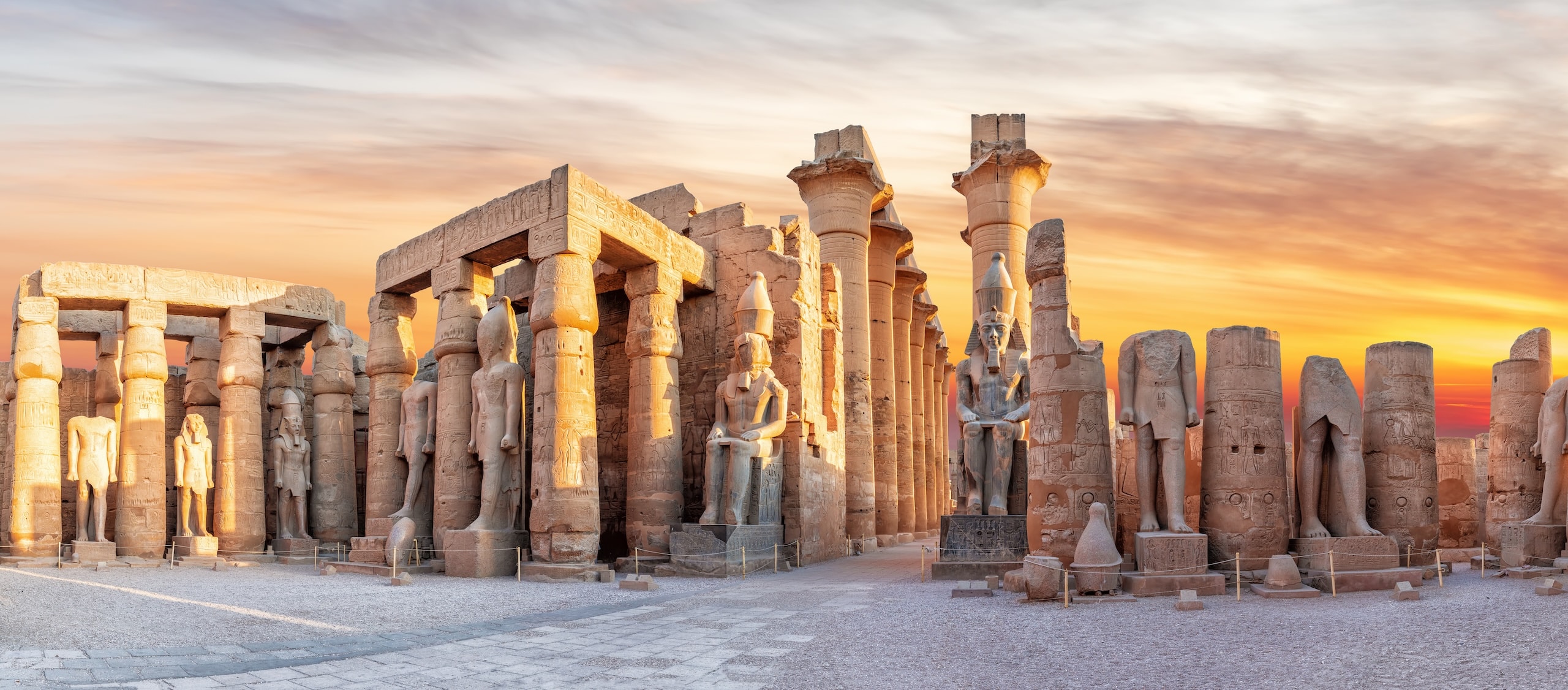 Luxor Temple, main statues views, beautiful sunset panorama, Egypt.