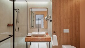 Modern bathroom at Hyatt Centric Cairo West with glass shower and wood-accented walls.