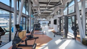 Modern gym at Hyatt Centric Cairo West with exercise machines, weights, and natural light.