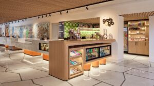 Modern grab-and-go snack and beverage station in the Hyatt Centric Cairo West hotel lobby.