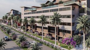Modern multi-story buildings with glass facades near Hyatt Centric Cairo West and palm trees.