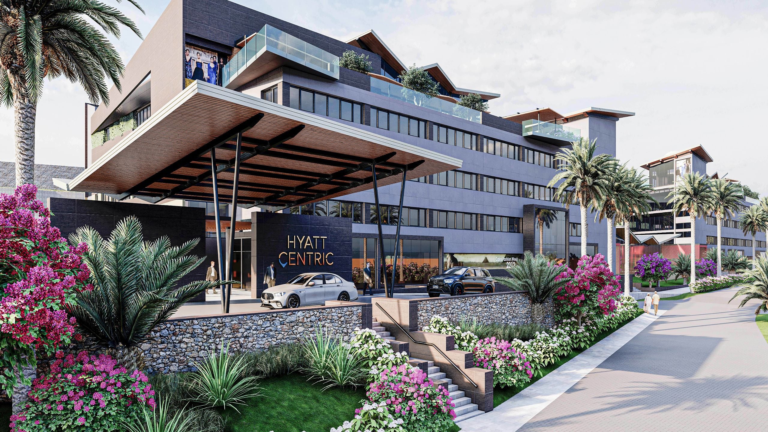 Modern hotel entrance with Hyatt Centric Cairo West sign, landscaped gardens, and parked cars.