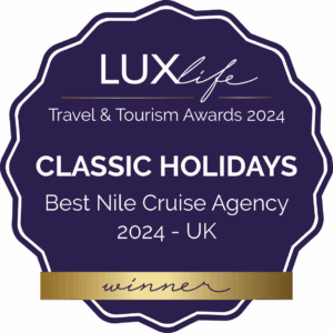 LUXlife award badge for Best Nile Cruise Agency 2024 in the UK to Classic Holidays.