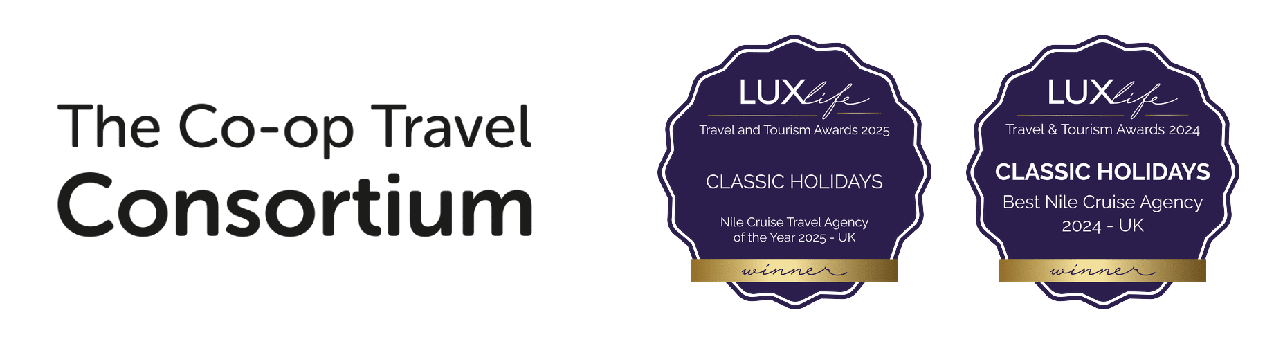 Two award badges for Classic Holidays from LUXlife for 2024 and 2025 Nile Cruise Agency in the UK.