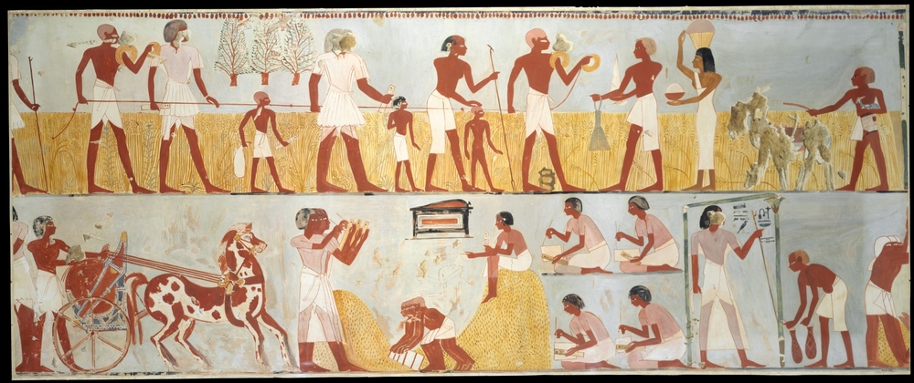 Ancient Egyptian wall painting depicting people harvesting crops and performing daily tasks.