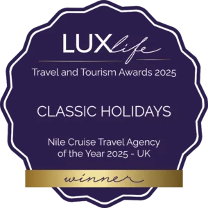 LUXlife 2025 award badge for Classic Holidays, Egypt Holidays & Nile Cruise Travel Agency of the Year UK.